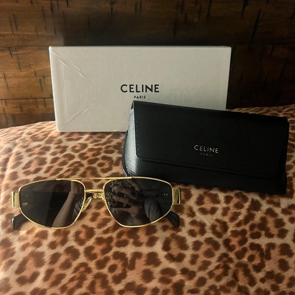 Celine Gold and Brown Geometric Sunglasses - Picture 3 of 6
